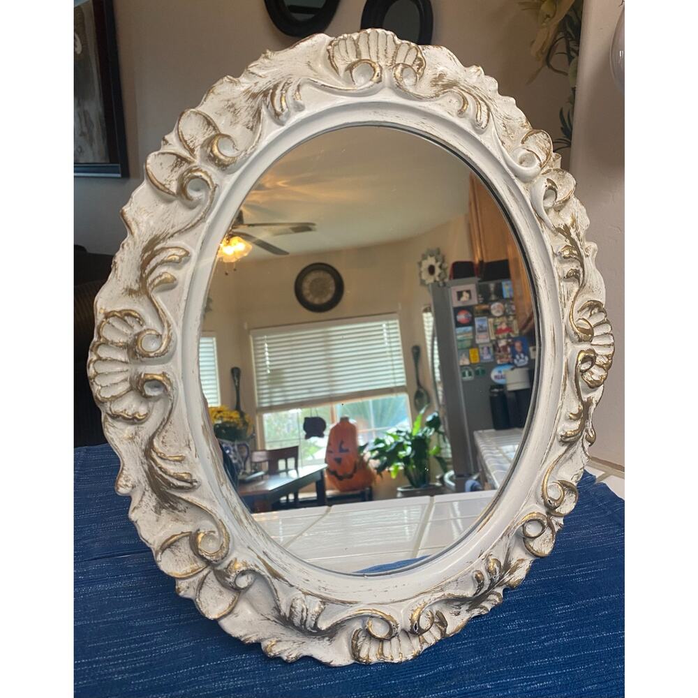 VTG Ornate Gold White Oval Wall Mirror Baroque Rococo Florentine Royal Academie